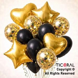 SET DE GLOBOS METALIZADOS ESTRELLA CORAZON CONFETI Y LATEX ORO Y NEGRO x 14 UNIDADES